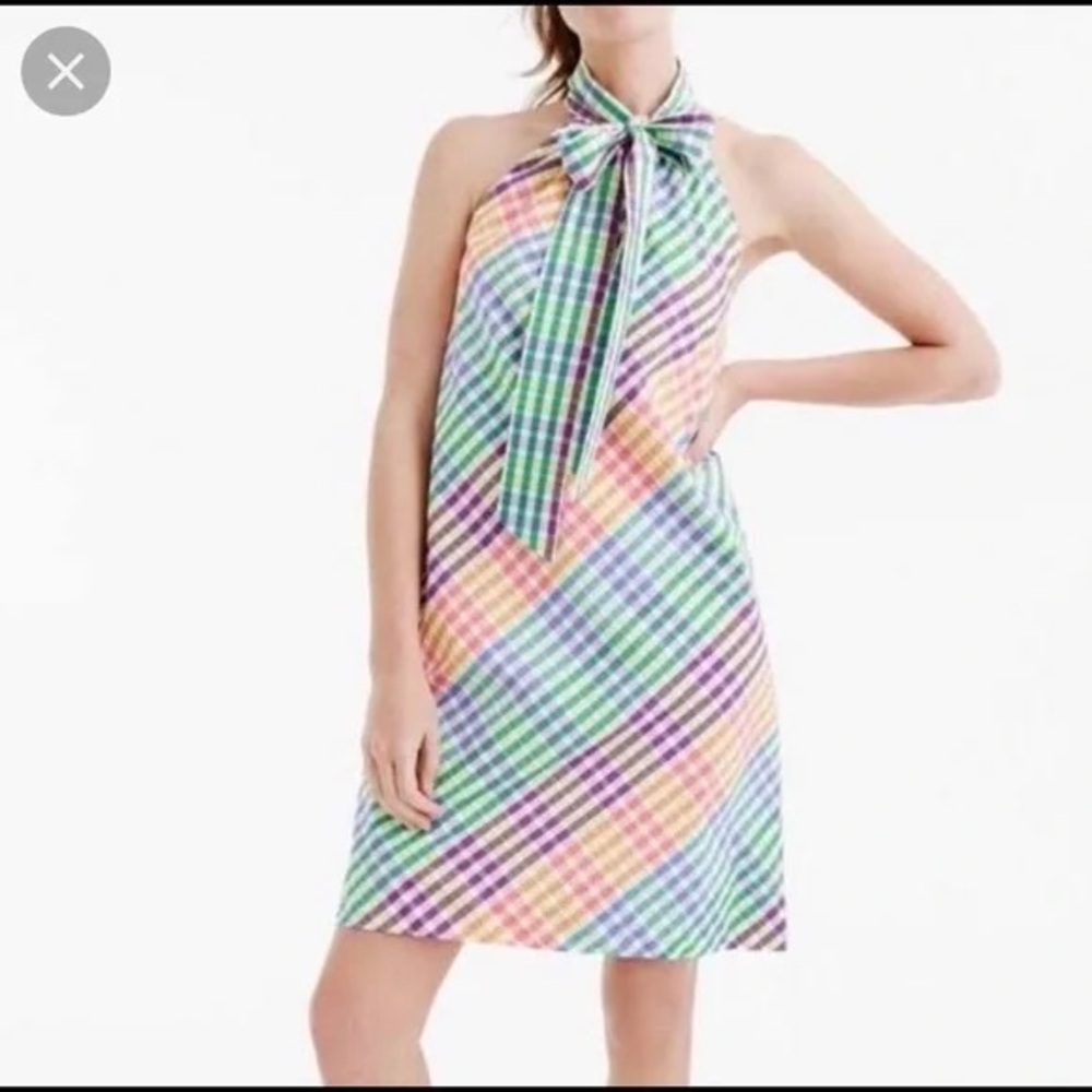 J. Crew Tie Neck Rainbow Gingham Cotton A-line Sleeveless Dress Size 2